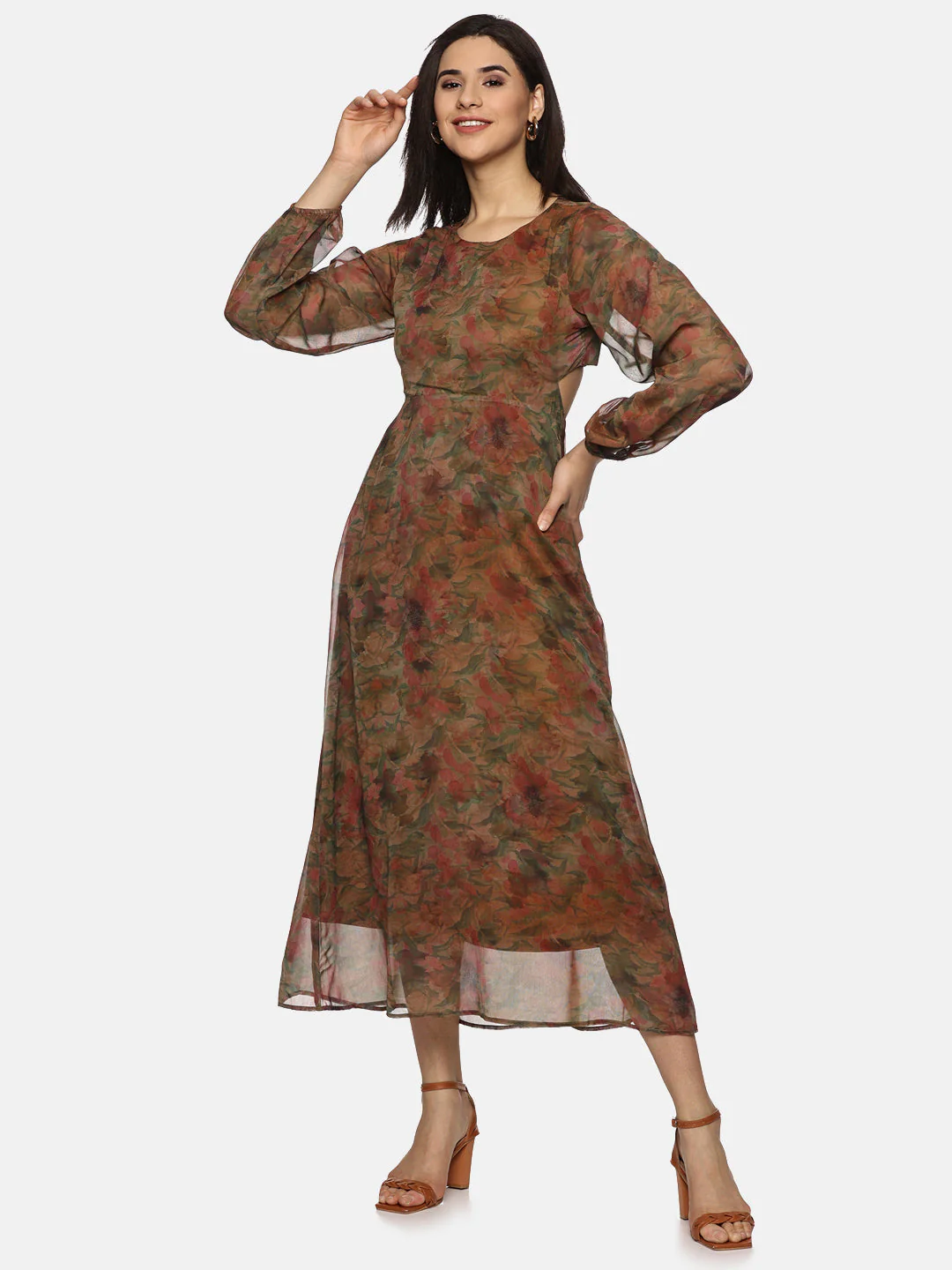 IS.U Floral Brown Cut Out Midaxi Dress - Image 5