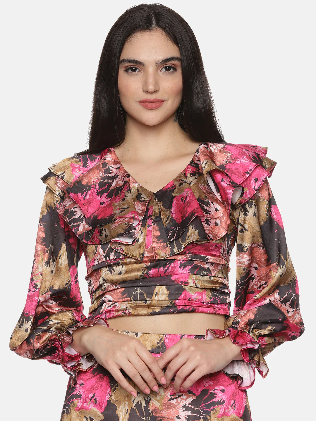 IS.U Abstract Multicolor Ruffle Crop Top - Image 3