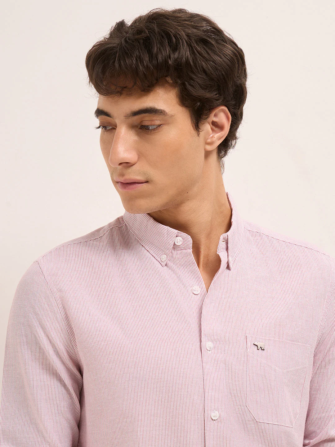 Red Woven Pinstripes Slim Fit Casual Shirt - Image 5
