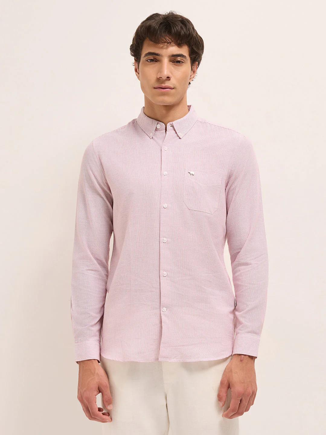 Red Woven Pinstripes Slim Fit Casual Shirt - Image 6