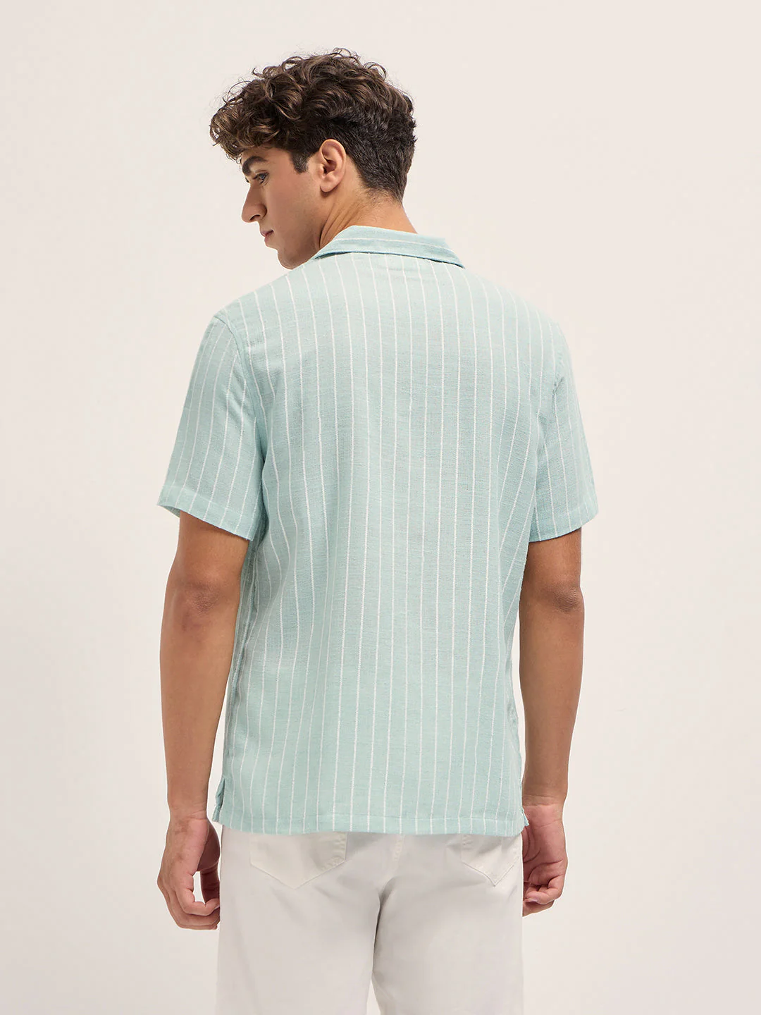 Teal Linen Vertical Textured Stripe Relaxed Fit Half Sleeve Casual Shirt - Image 2
