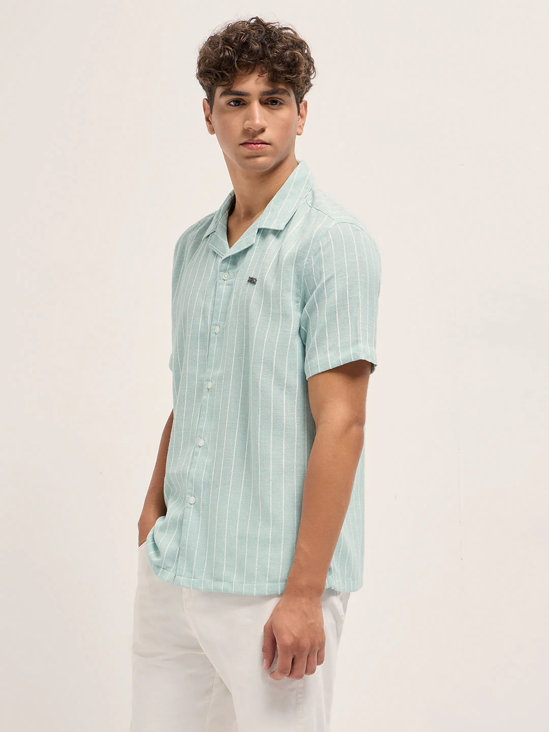 Teal Linen Vertical Textured Stripe Relaxed Fit Half Sleeve Casual Shirt - Image 3