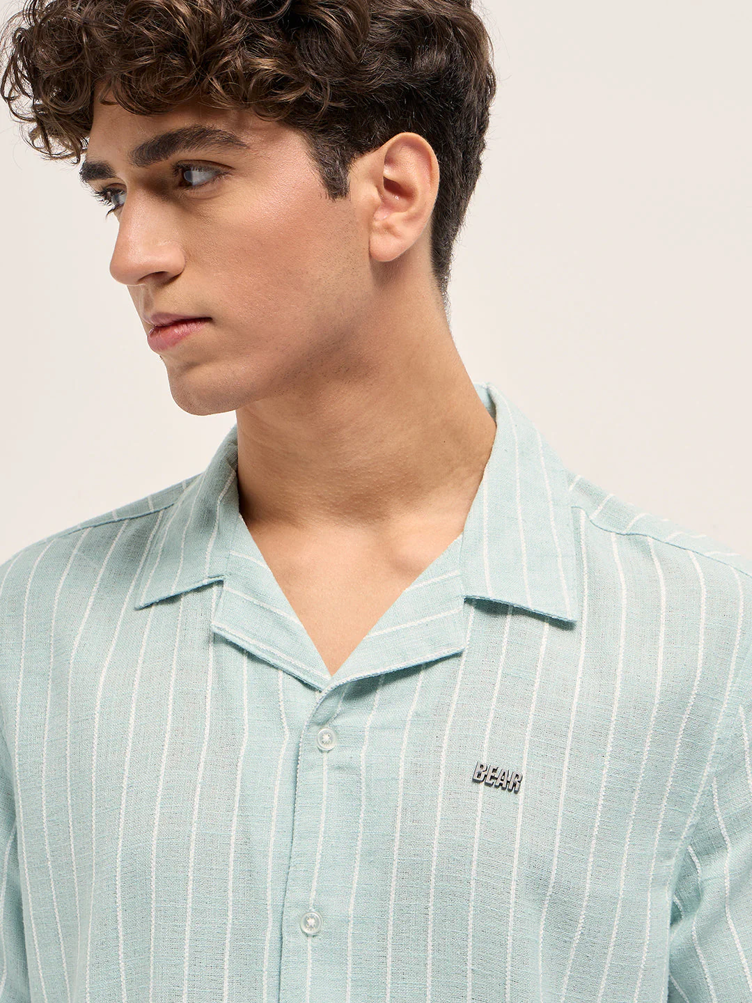 Teal Linen Vertical Textured Stripe Relaxed Fit Half Sleeve Casual Shirt - Image 5
