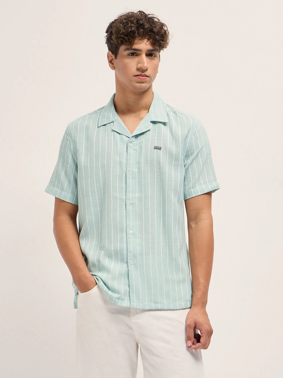Teal Linen Vertical Textured Stripe Relaxed Fit Half Sleeve Casual Shirt - Image 6