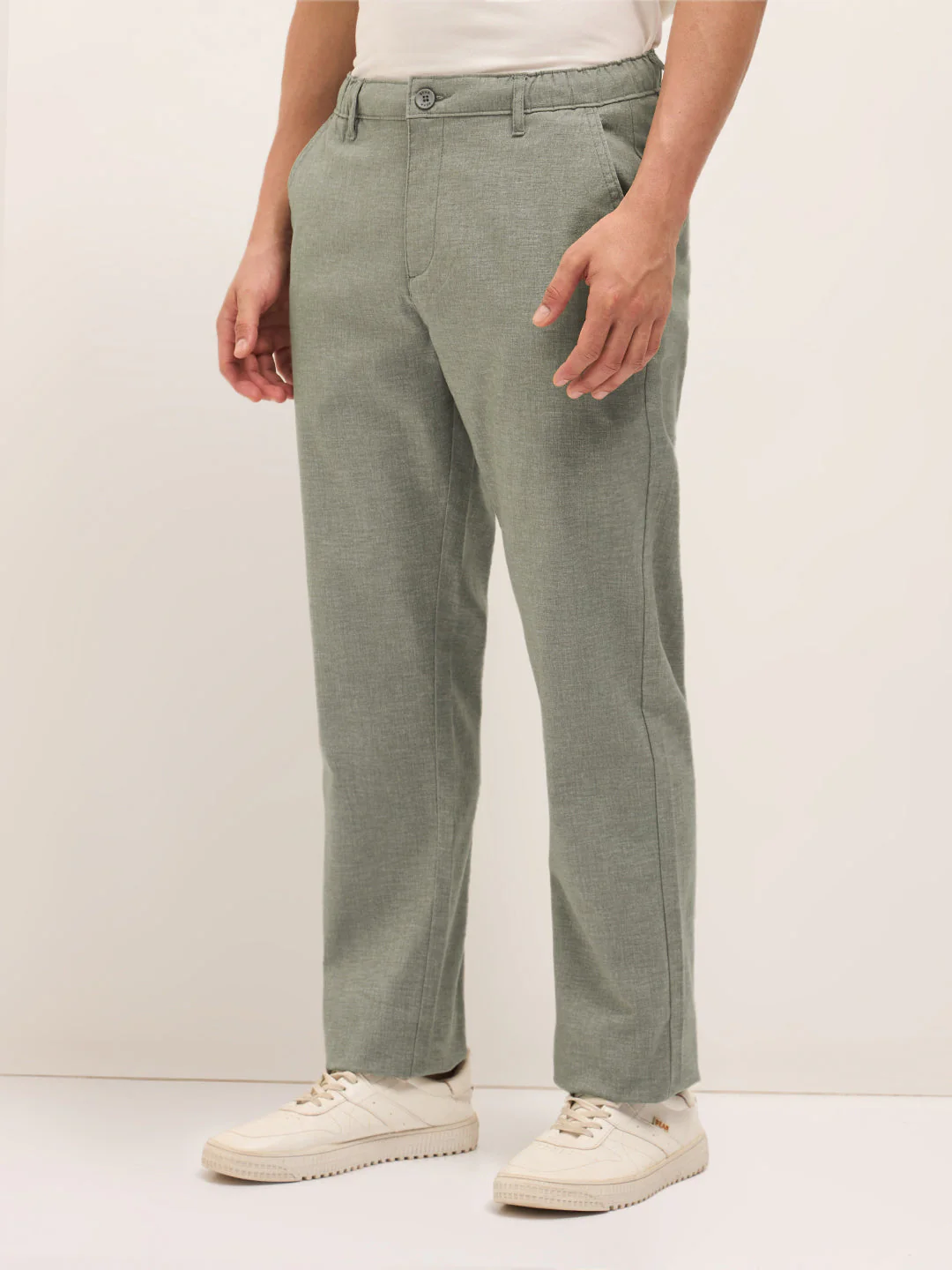 Olive Solid Straight Fit Casual Trousers with Hidden Drawstring - Image 3