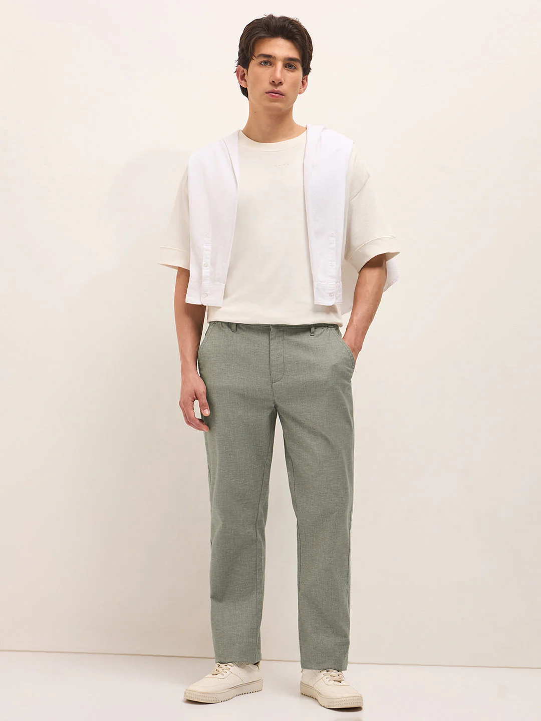 Olive Solid Straight Fit Casual Trousers with Hidden Drawstring - Image 4