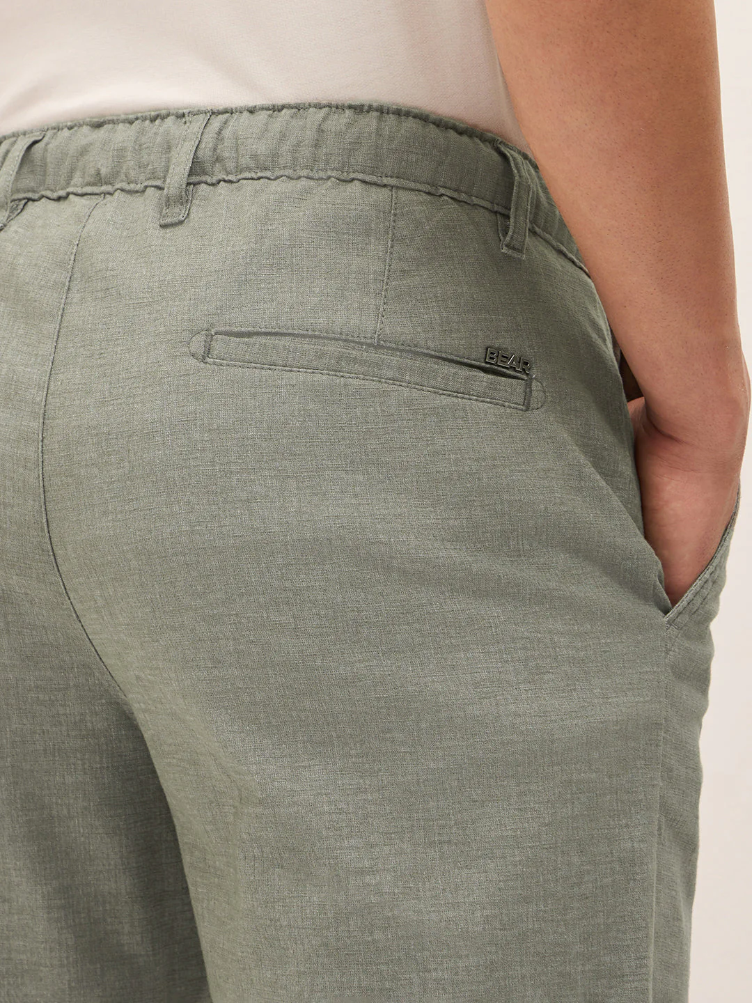 Olive Solid Straight Fit Casual Trousers with Hidden Drawstring - Image 6