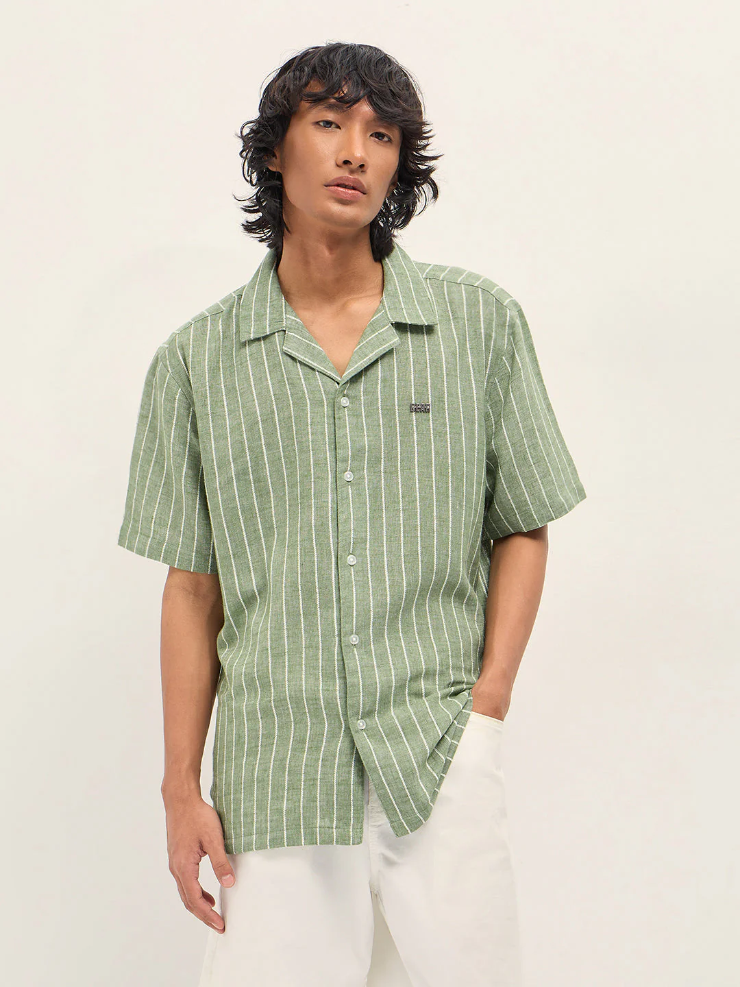 Green Vertical Textured Stripe Relaxed Fit Half Sleeve Casual Shirt - Image 6