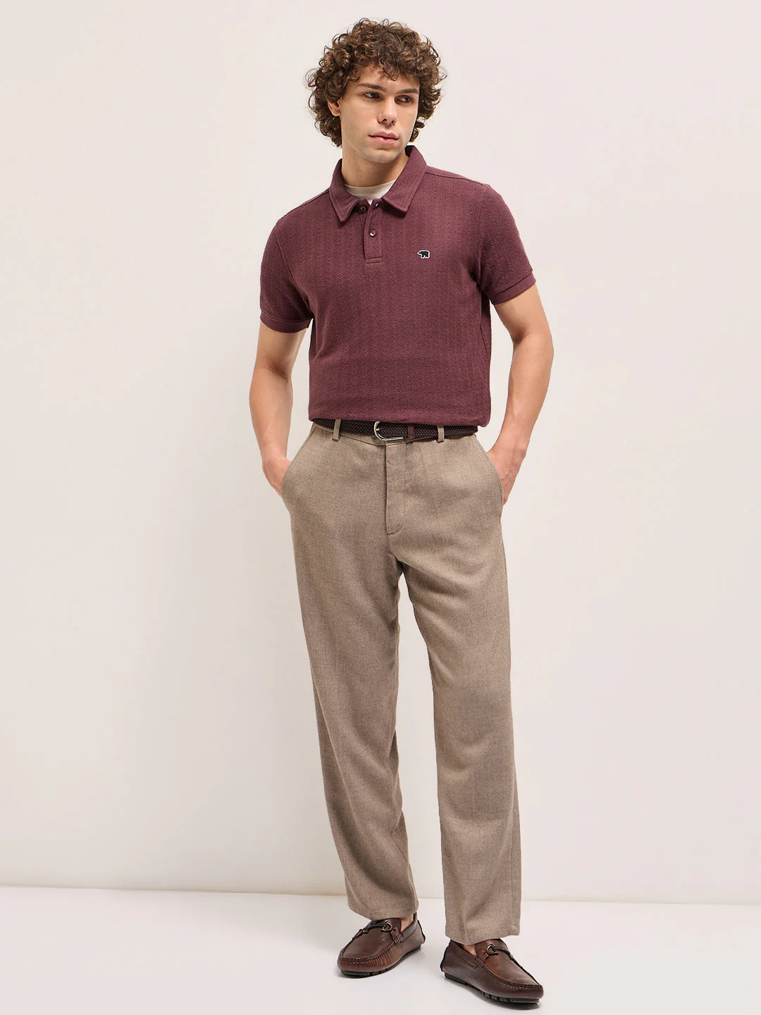 Maroon Geometric Textured Design Regular Fit Polo - Image 3