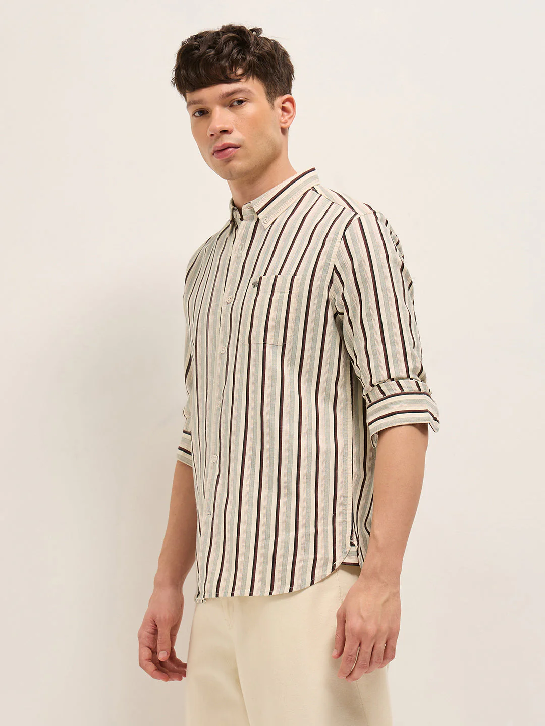 Multicolor Vertical Stripe Slim Fit Cotton Casual Shirt - Image 3