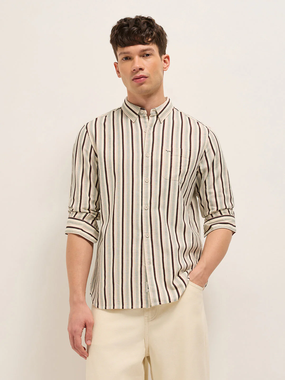 Multicolor Vertical Stripe Slim Fit Cotton Casual Shirt - Image 6
