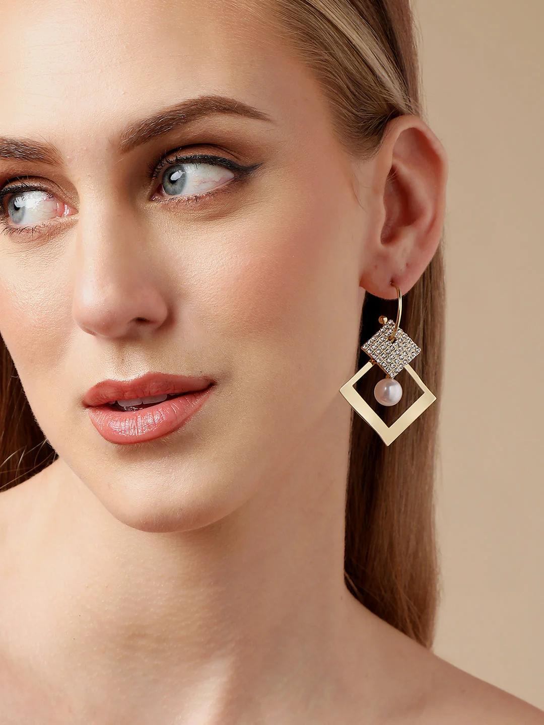 Gold Plated Party Designer Stone and Pearls Drop Earring For Women - Image 3