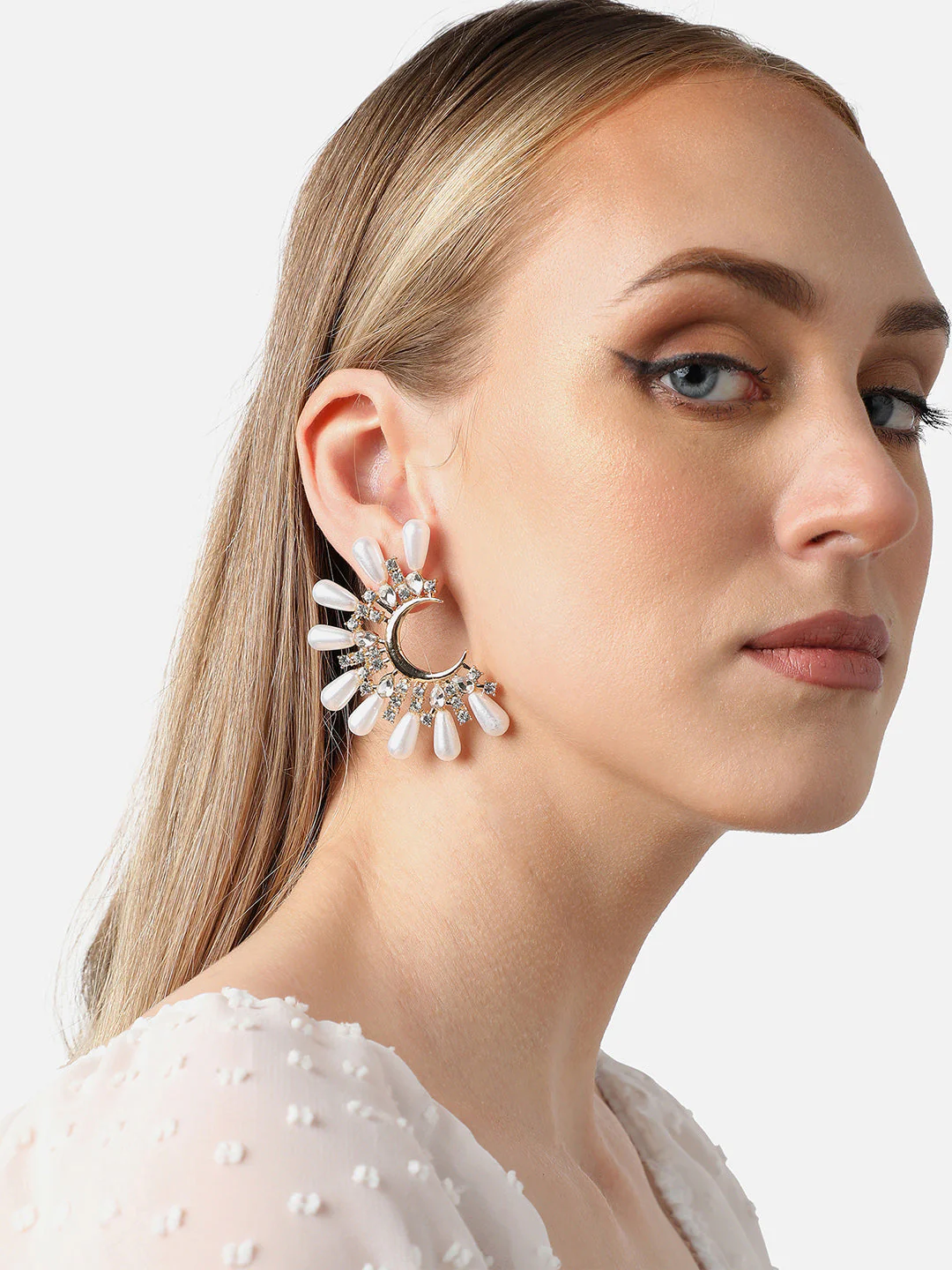 Gold Plated Party Designer Stone and Pearls Stud For Women - Image 3