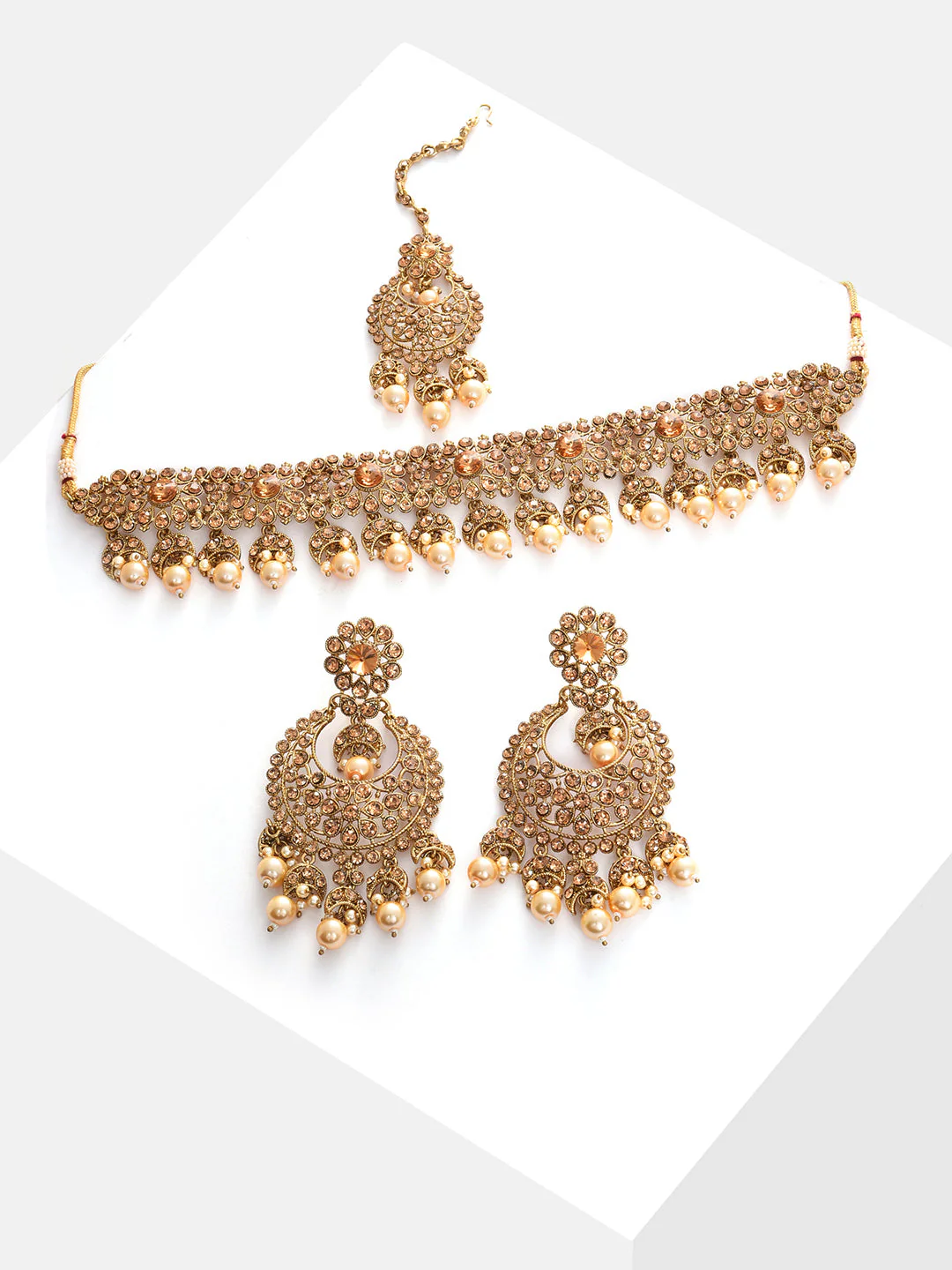 Gold Plated Beaded Choker, Maag Tikka And Earring Set - Image 7