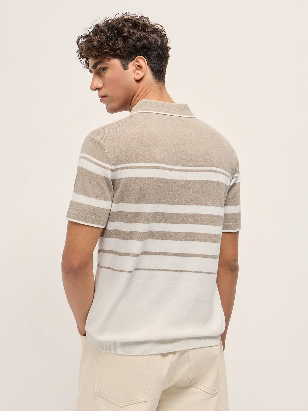 Beige and White Striped Textured Flat Knit Slim Fit Polo Shirt - Image 2