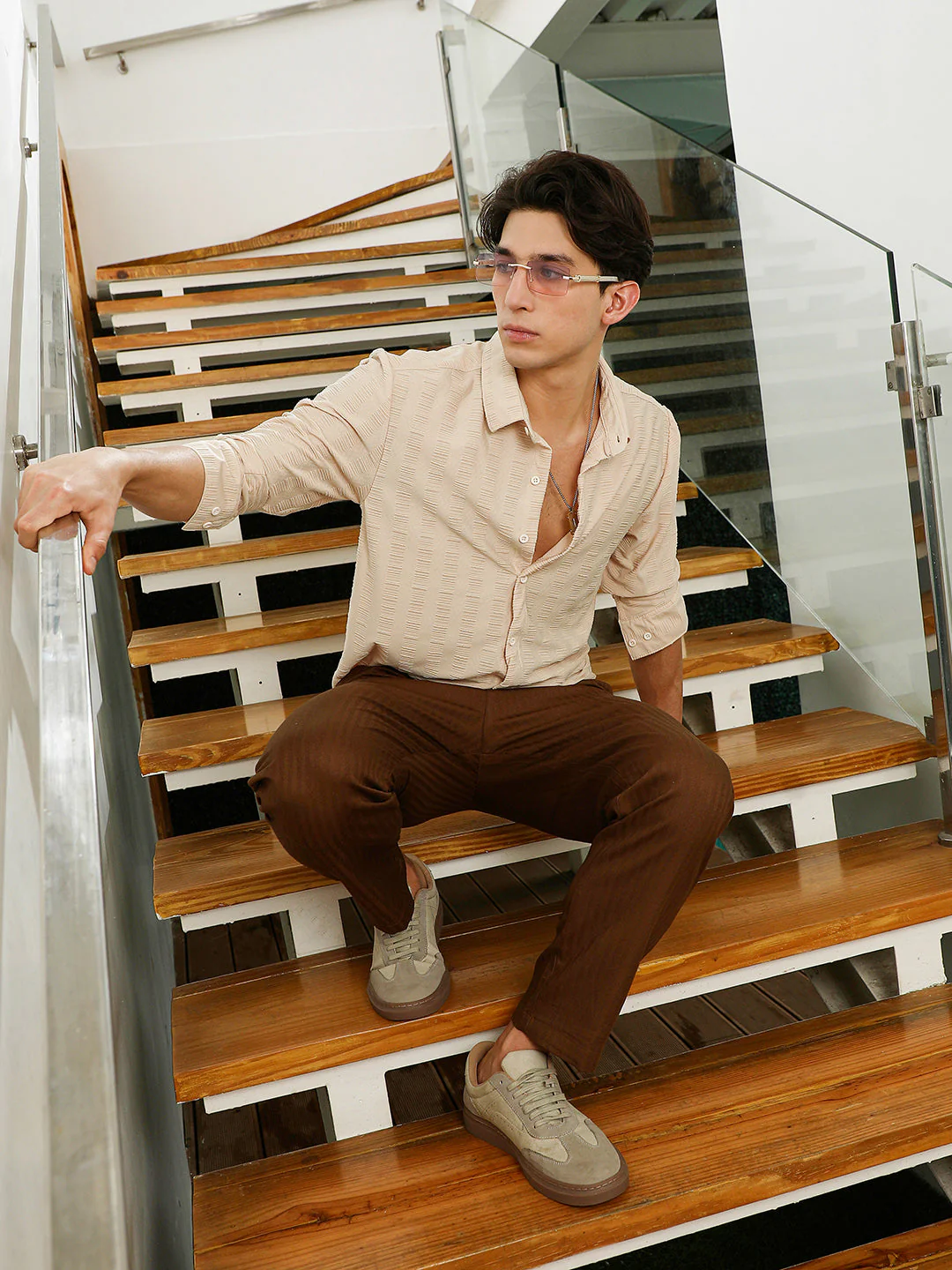 Beige Textured Slim Fit Full Sleeve Shirt For Men - Image 6