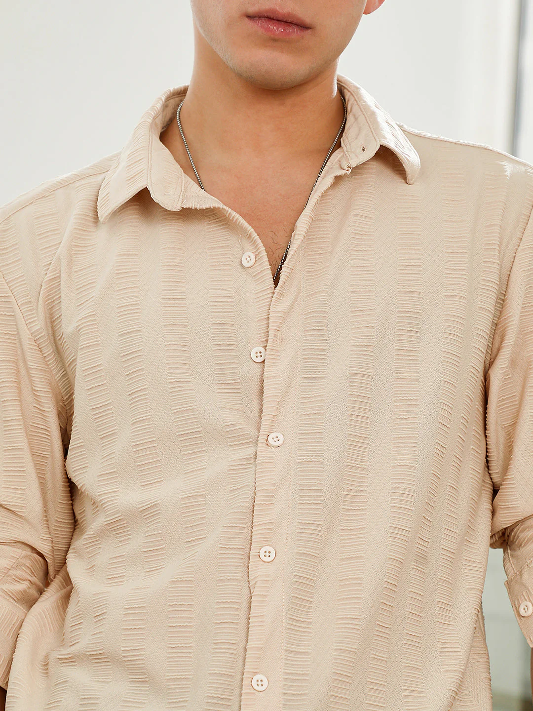 Beige Textured Slim Fit Full Sleeve Shirt For Men - Image 7