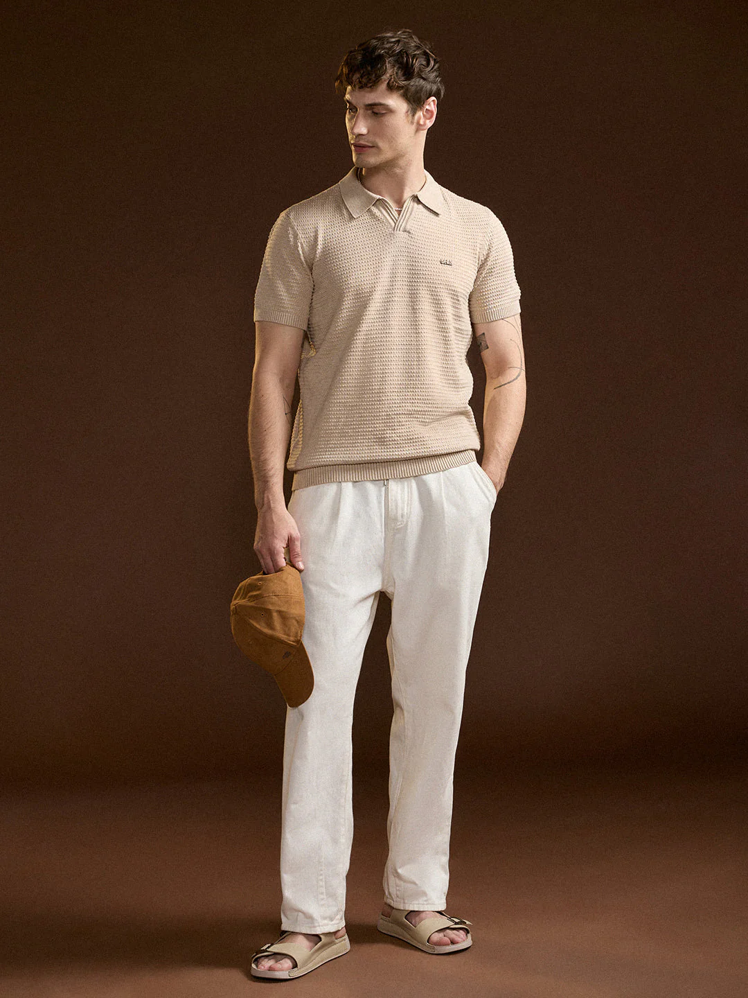 Beige Textured Slim Fit V-Notch Style Polo - Image 4