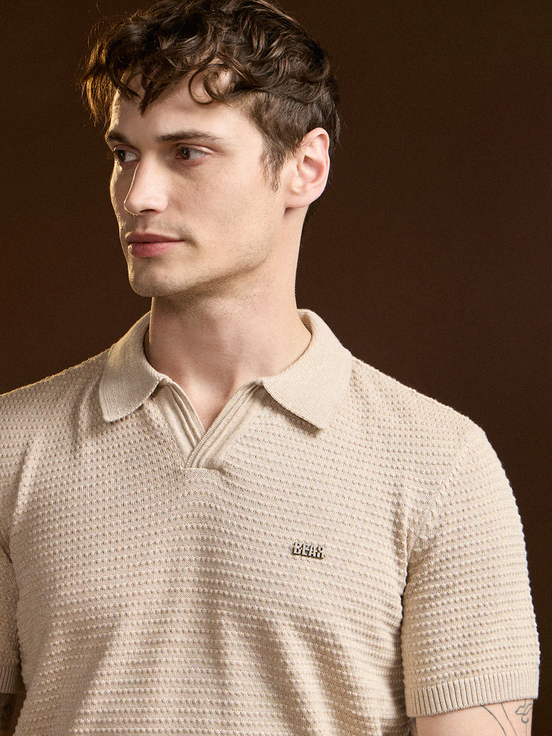 Beige Textured Slim Fit V-Notch Style Polo - Image 5