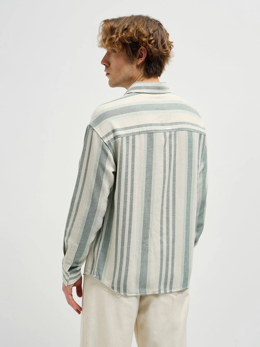 Beige with Green Stripe Relax Fit Casual Shirt - Image 2