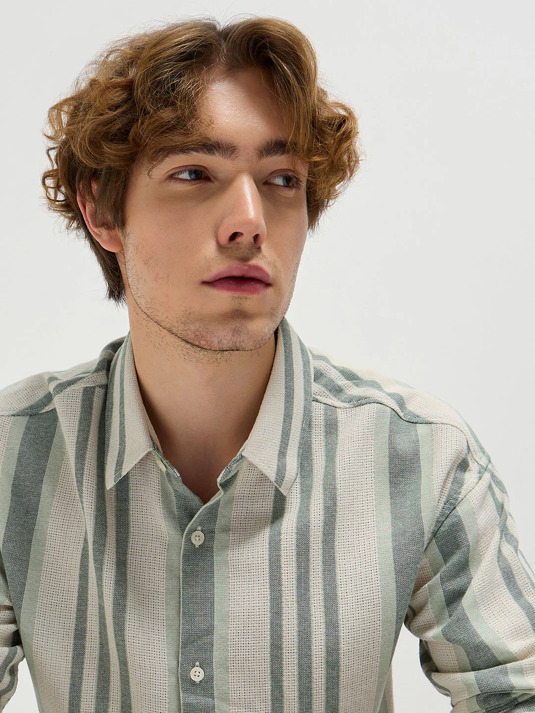 Beige with Green Stripe Relax Fit Casual Shirt - Image 5