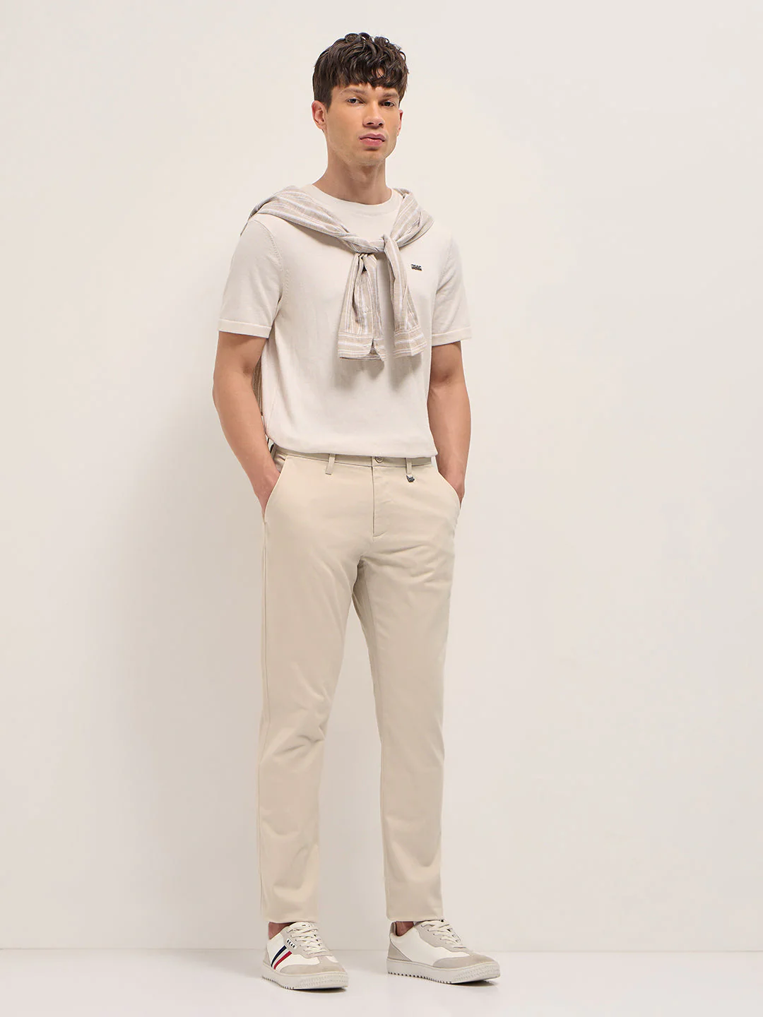 Cream Straight Fit Casual Trousers with Contrast Striped Waistband - Image 4