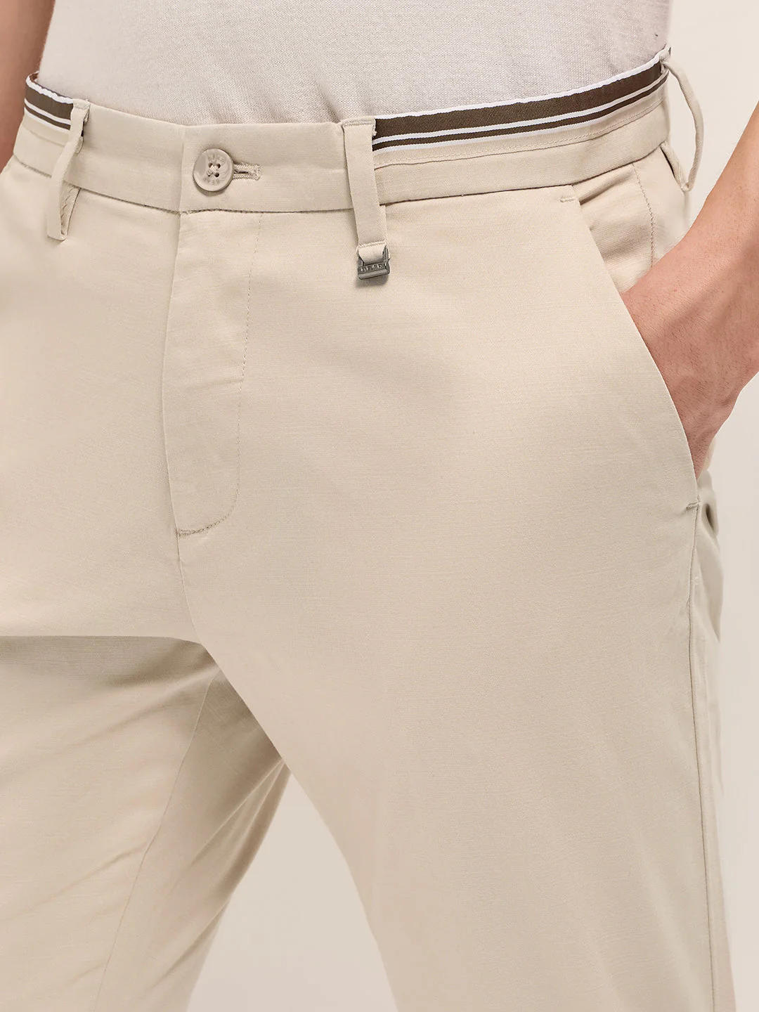 Cream Straight Fit Casual Trousers with Contrast Striped Waistband - Image 5