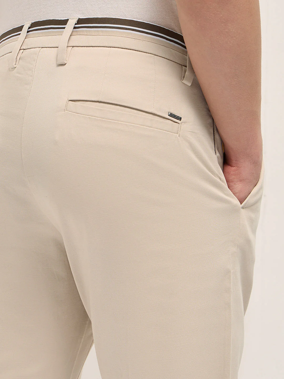 Cream Straight Fit Casual Trousers with Contrast Striped Waistband - Image 6