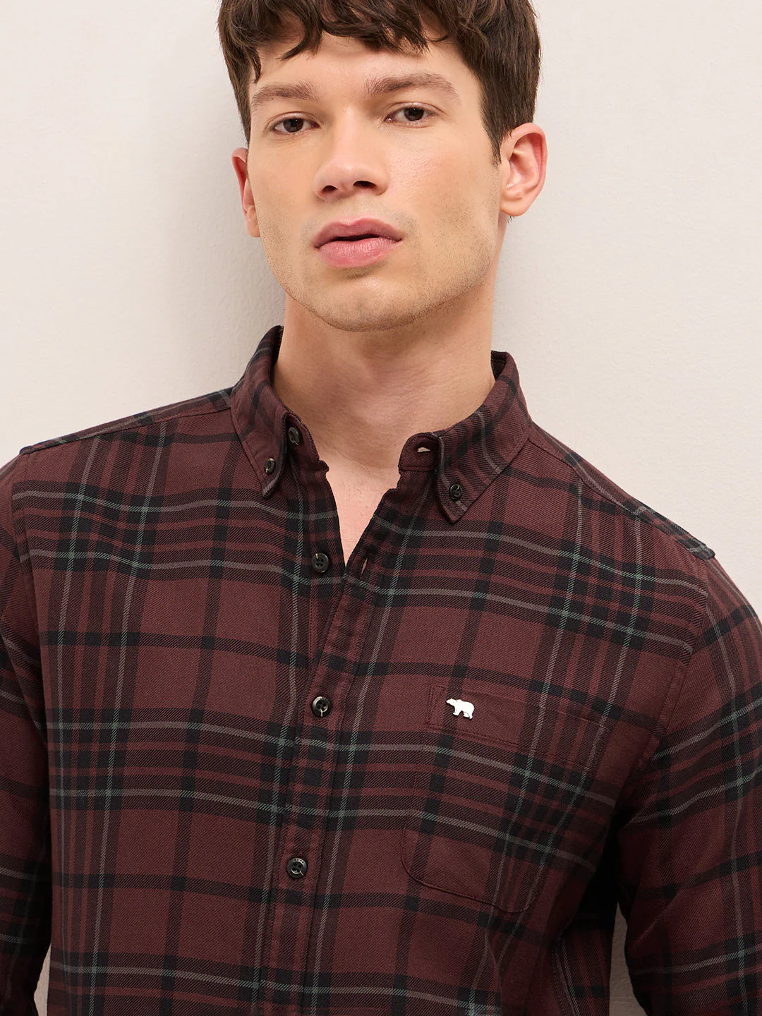 Maroon Checked Slim Fit Casual Shirt with Button-Down Collar - Image 5