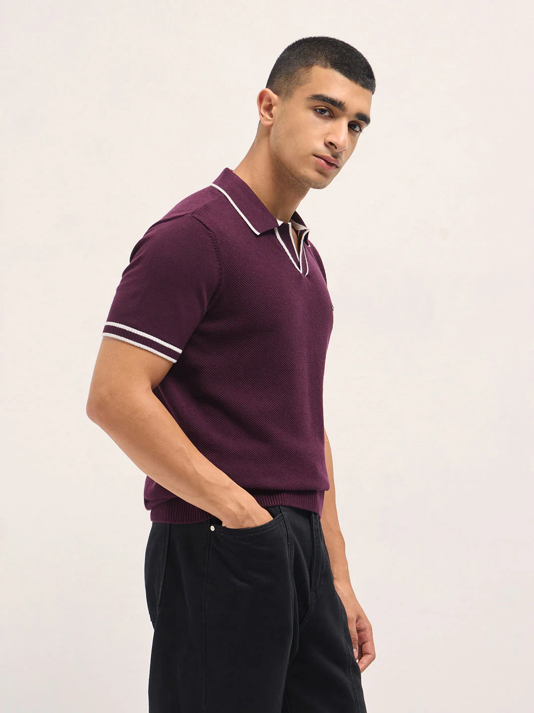 Maroon Textured Flat Knit Slim Fit Polo with Contrast Ribbed Detail - Image 3