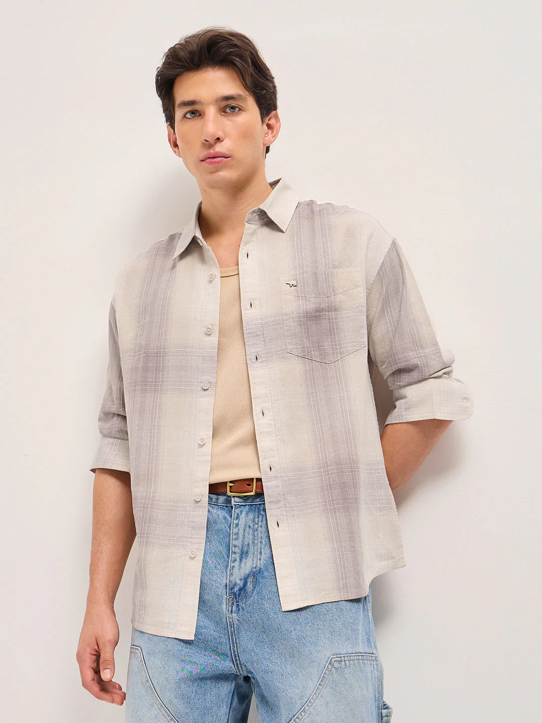 Pink and Cream Checkered Relaxed Fit Casual Shirt