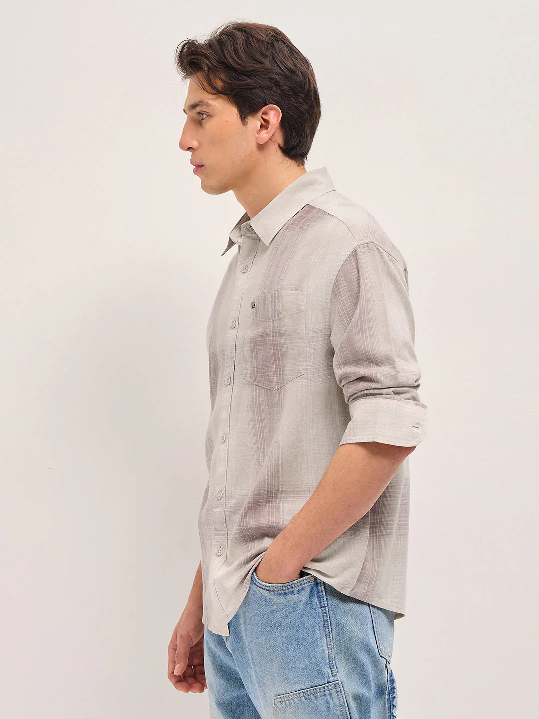 Pink and Cream Checkered Relaxed Fit Casual Shirt - Image 3