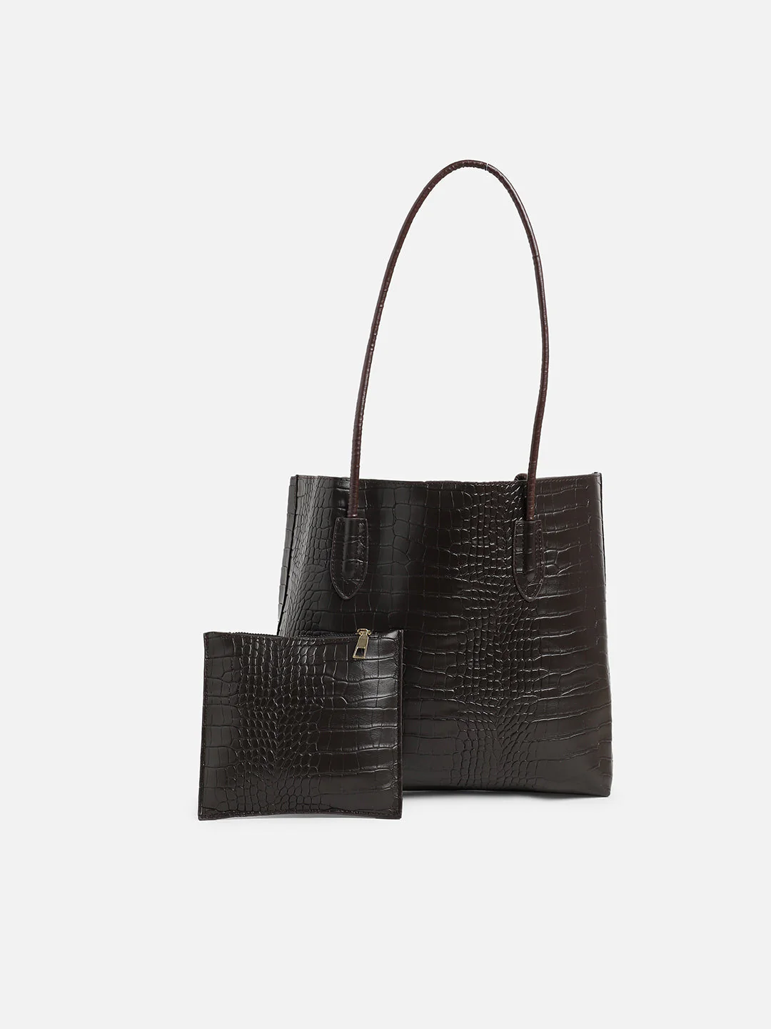 Black Textured Vegan Leather Tote Bag With Pouch Set - Image 3