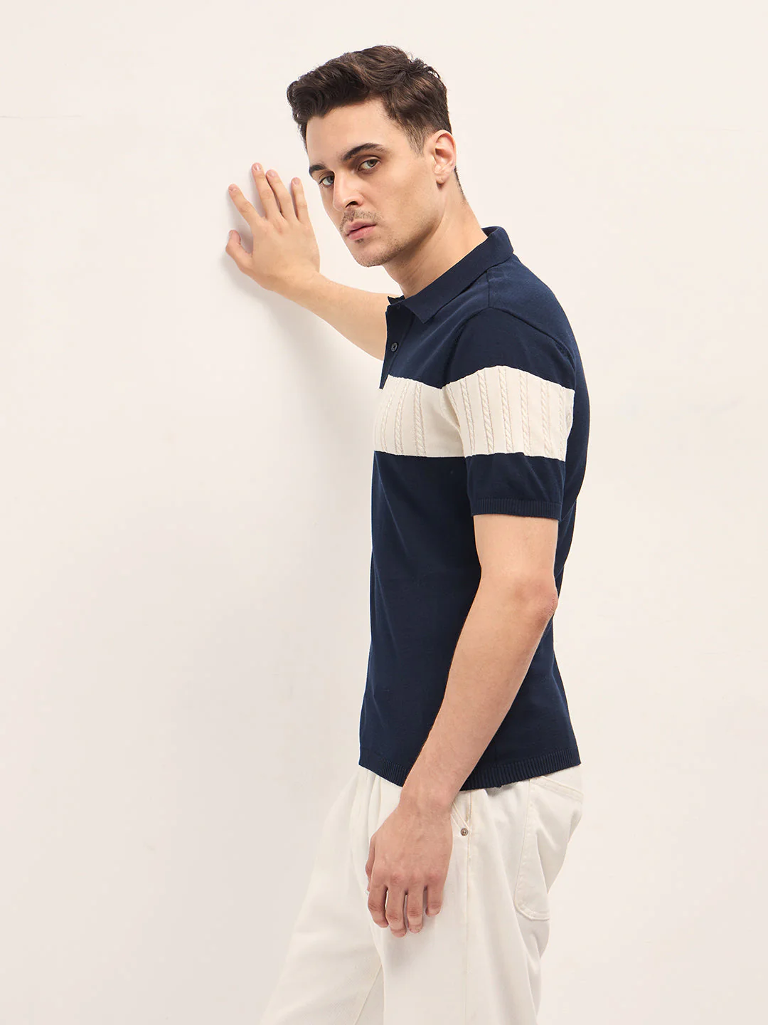 Blue Cable-Knit Textured Stripe Slim Fit Polo - Image 3