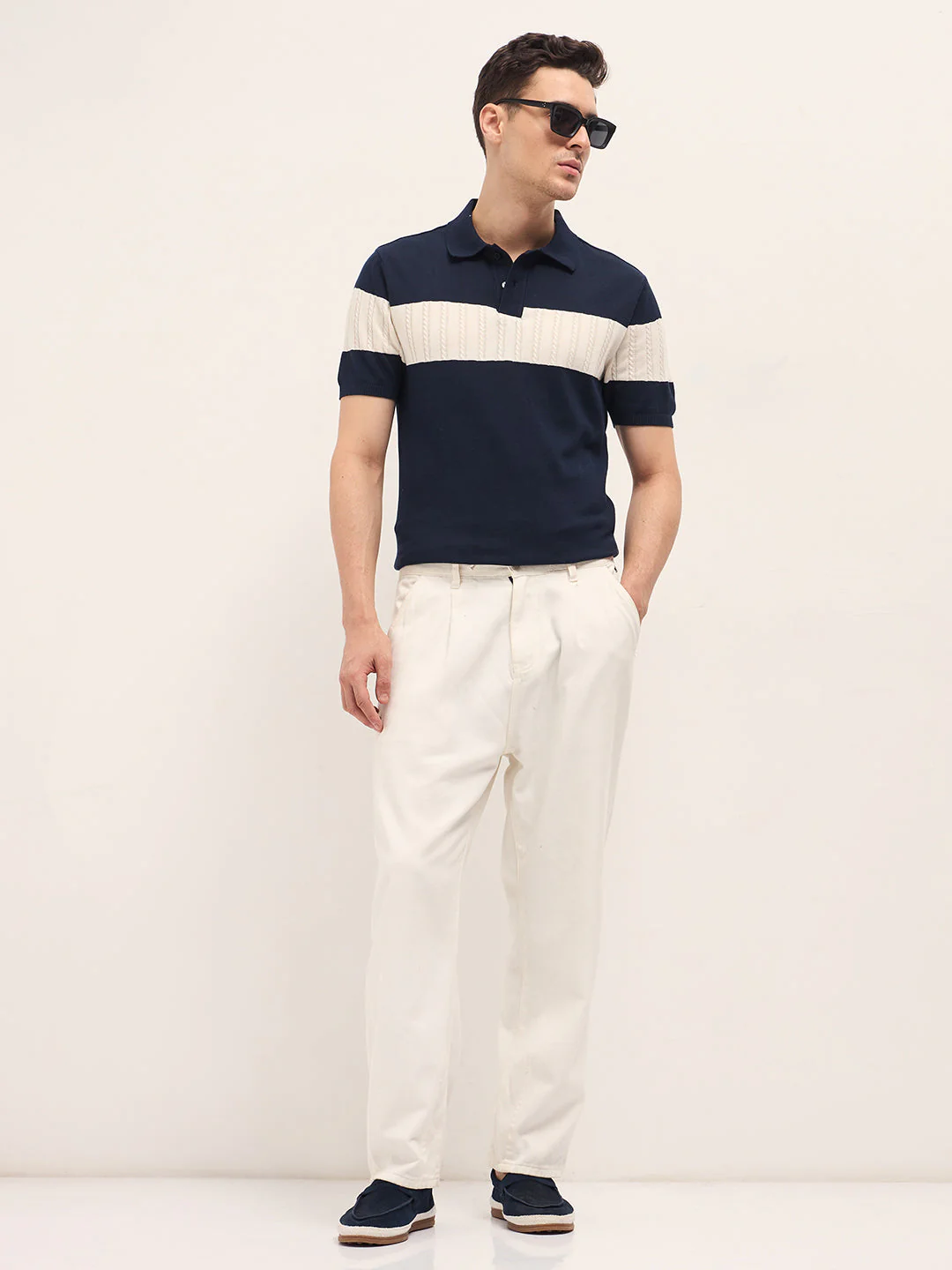 Blue Cable-Knit Textured Stripe Slim Fit Polo - Image 4