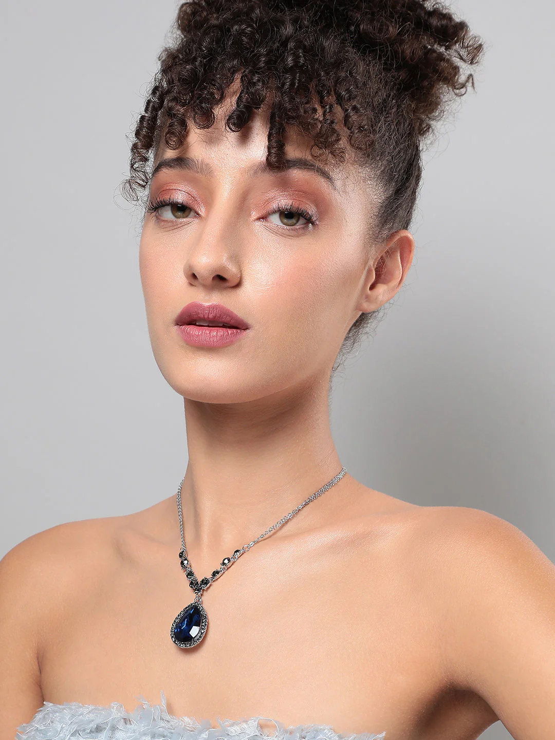 Blue Silver-Plated Stone-Studded Necklace - Image 2