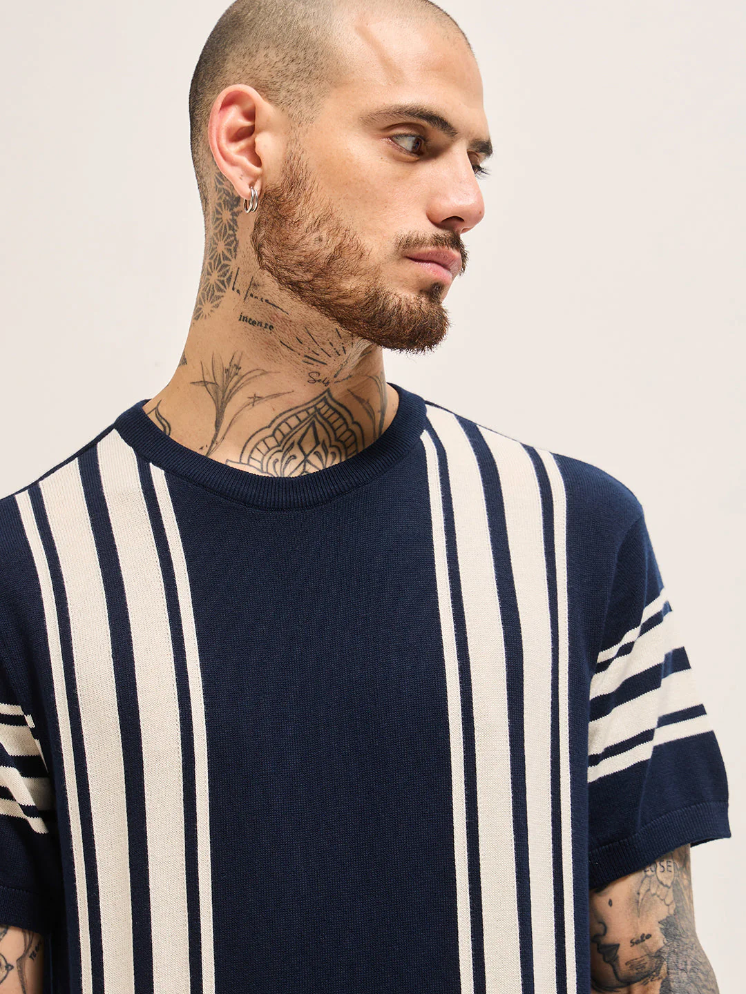 Blue with White Knitted Stripe Regular Fit Crew Neck T-shirt - Image 5