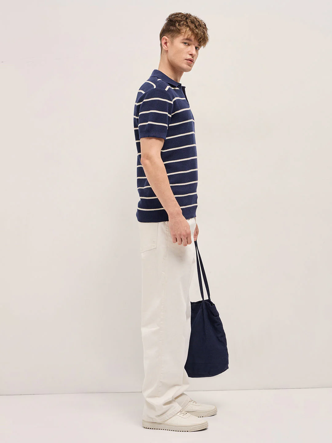Navy Blue Texture Horizontal Stripes Slim Fit Polo - Image 3