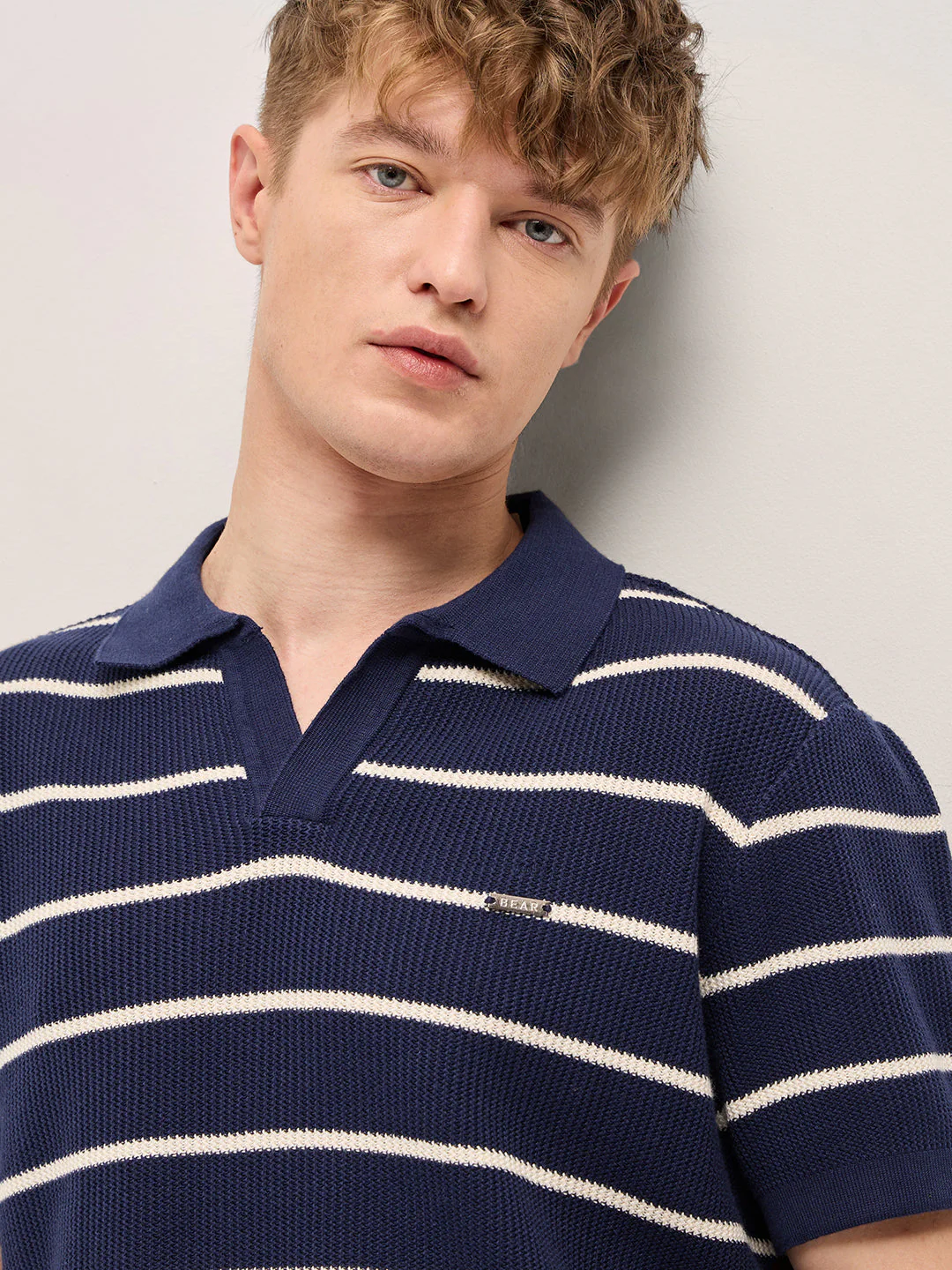 Navy Blue Texture Horizontal Stripes Slim Fit Polo - Image 5