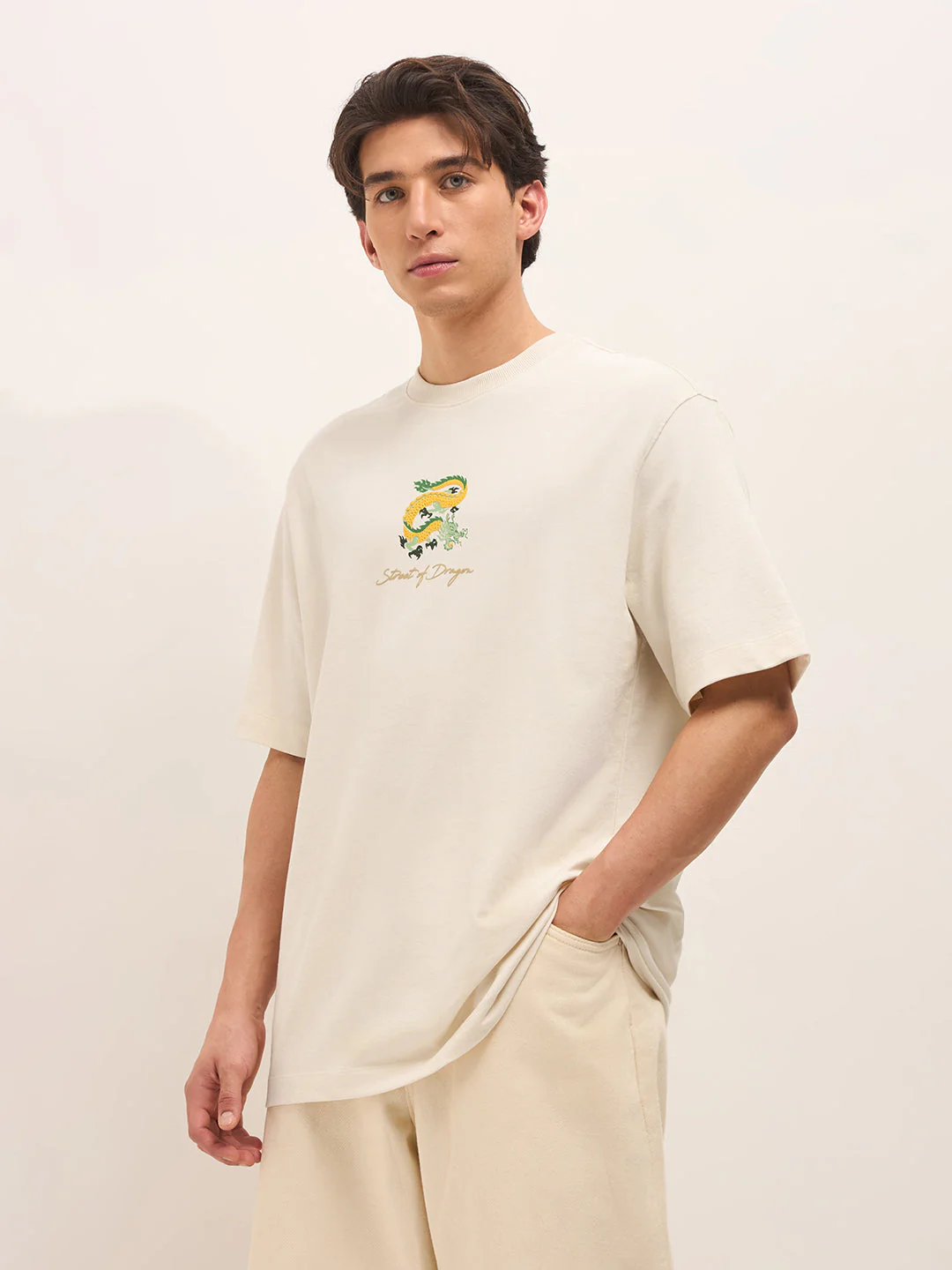 Cream Crew Neck Graphic Print T-Shirt with Dragon Illustration on Back - Image 2