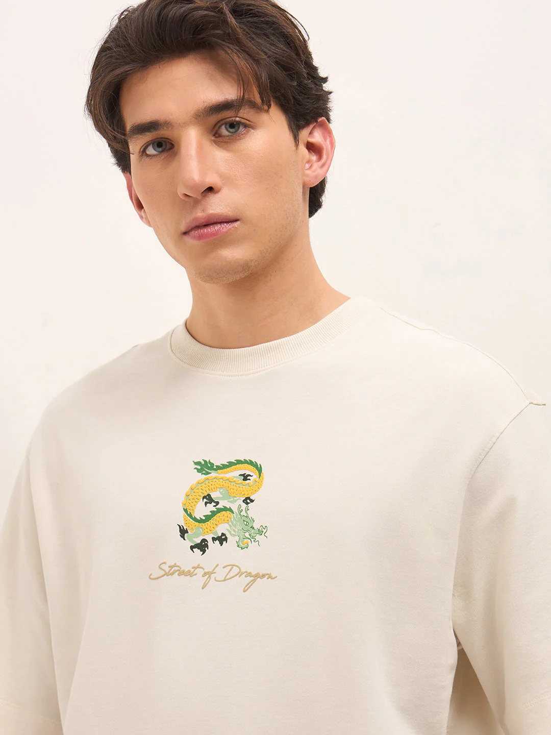 Cream Crew Neck Graphic Print T-Shirt with Dragon Illustration on Back - Image 5