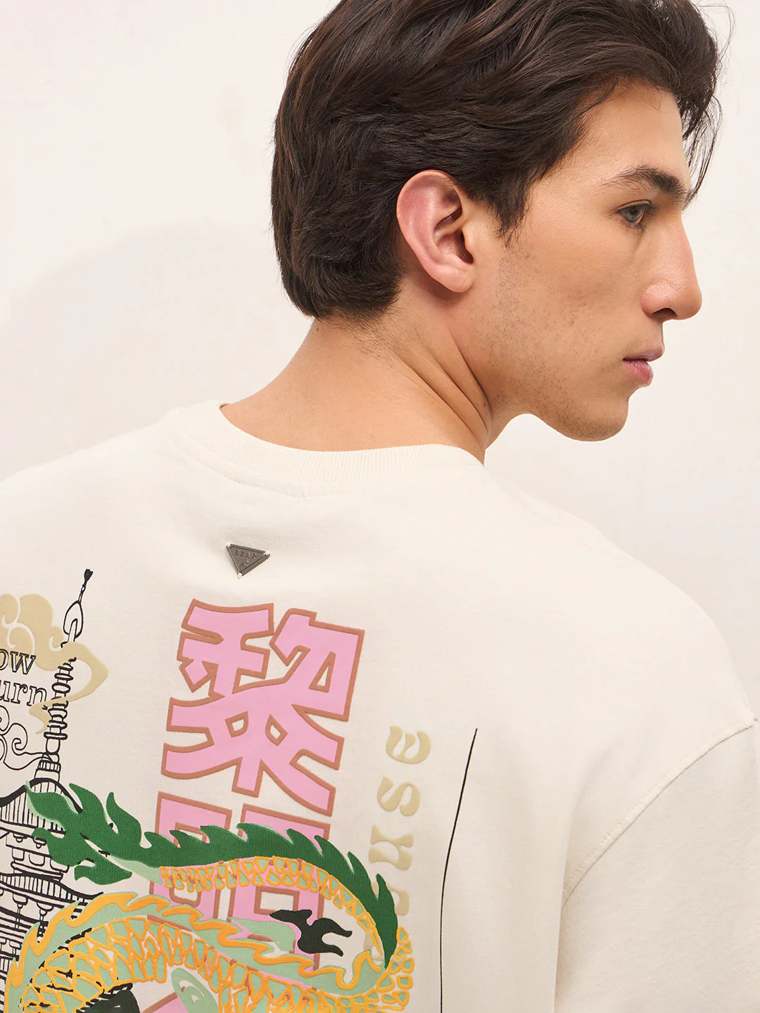 Cream Crew Neck Graphic Print T-Shirt with Dragon Illustration on Back - Image 6