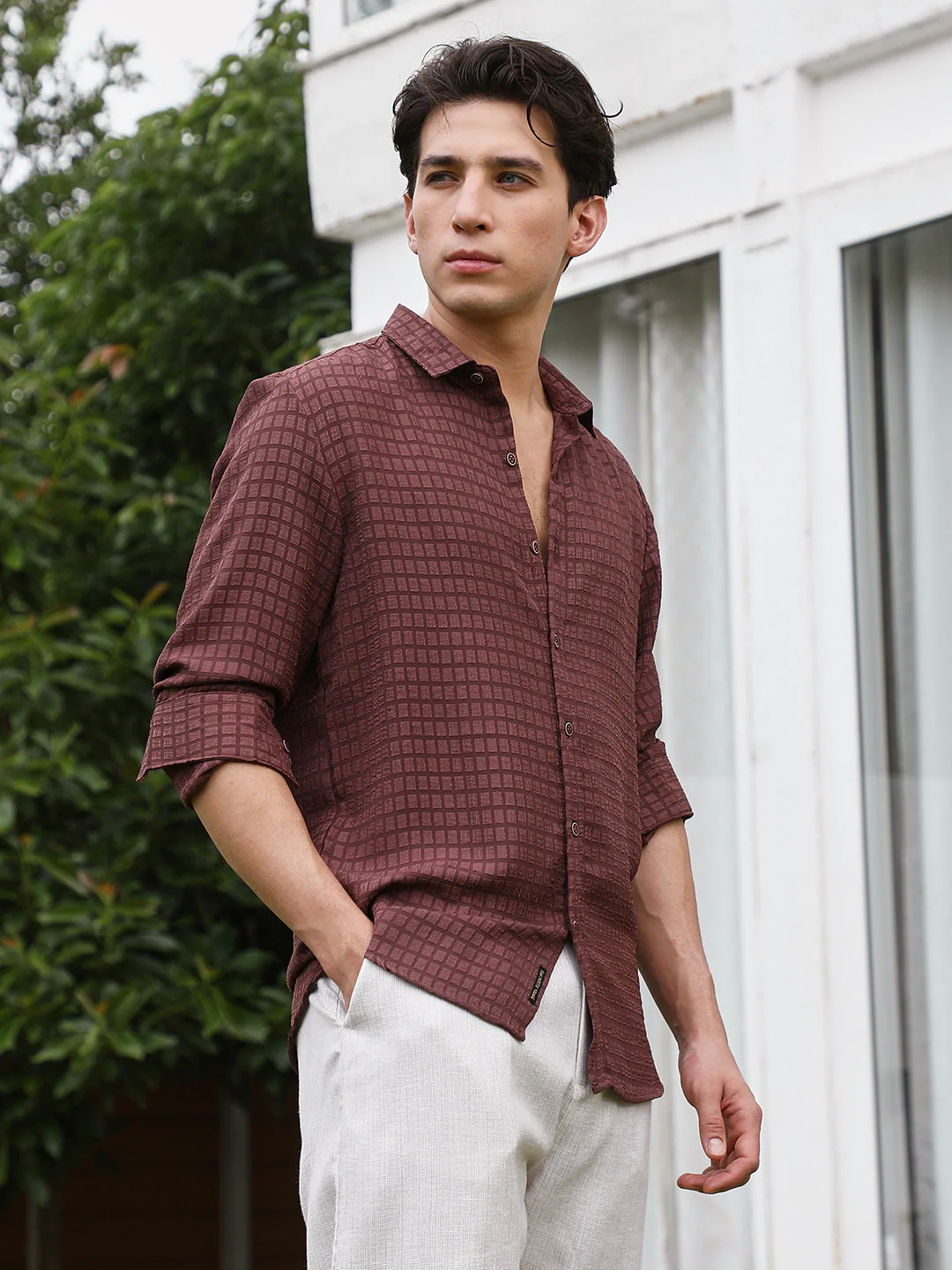 Burgundy Checkered Tailored Fit Full Sleeve Shirt - Image 3