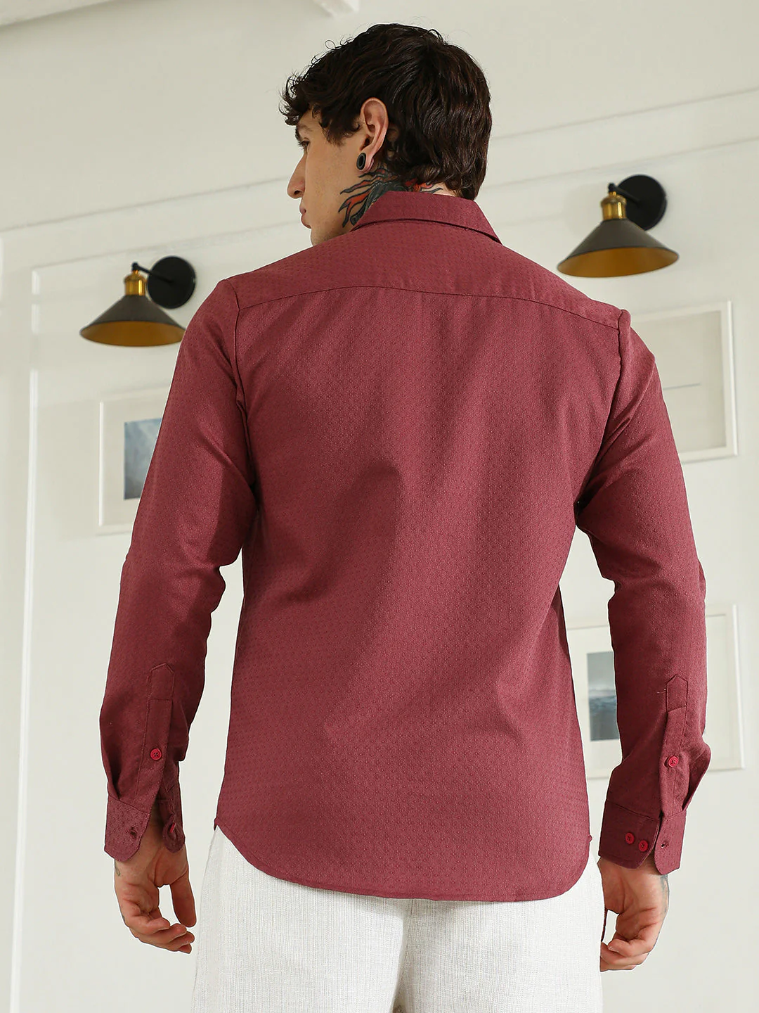 Burgundy Textured Cotton Blend Full Sleeve Shirt For Men - Image 4