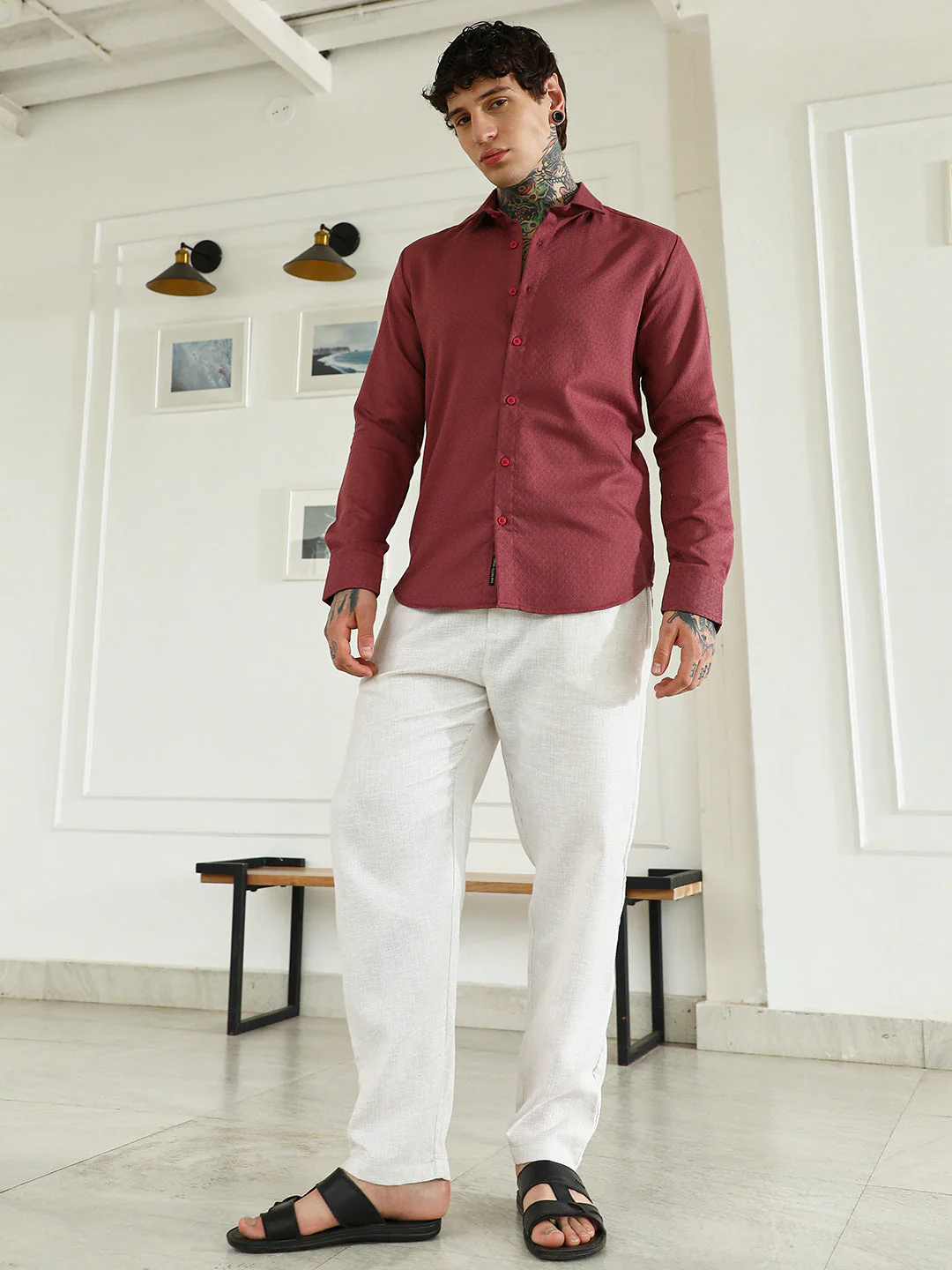 Burgundy Textured Cotton Blend Full Sleeve Shirt For Men - Image 5