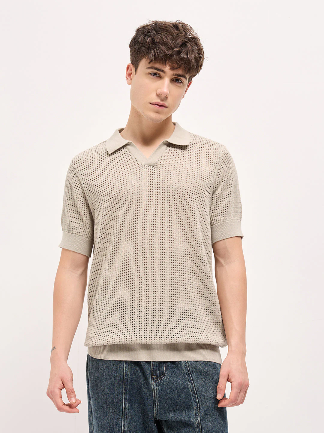 Beige Textured Knit Regular Fit Polo T-shirt - Image 5