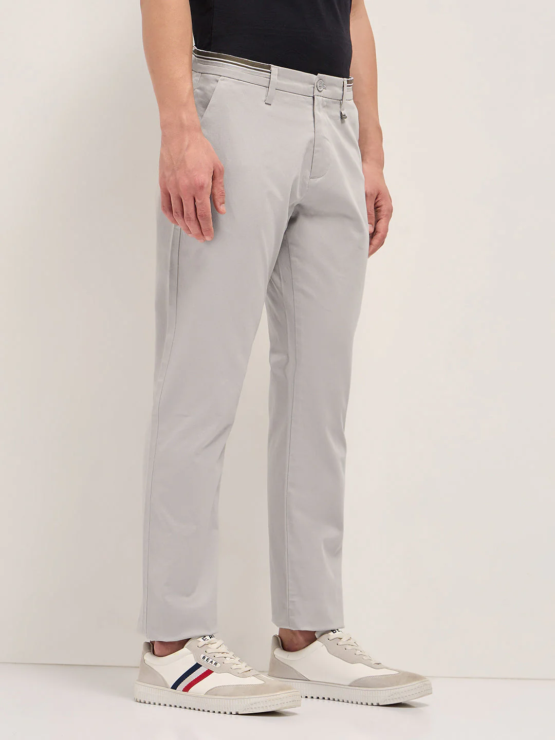 Grey Straight Fit Casual Trousers with Contrast Striped Waistband - Image 2