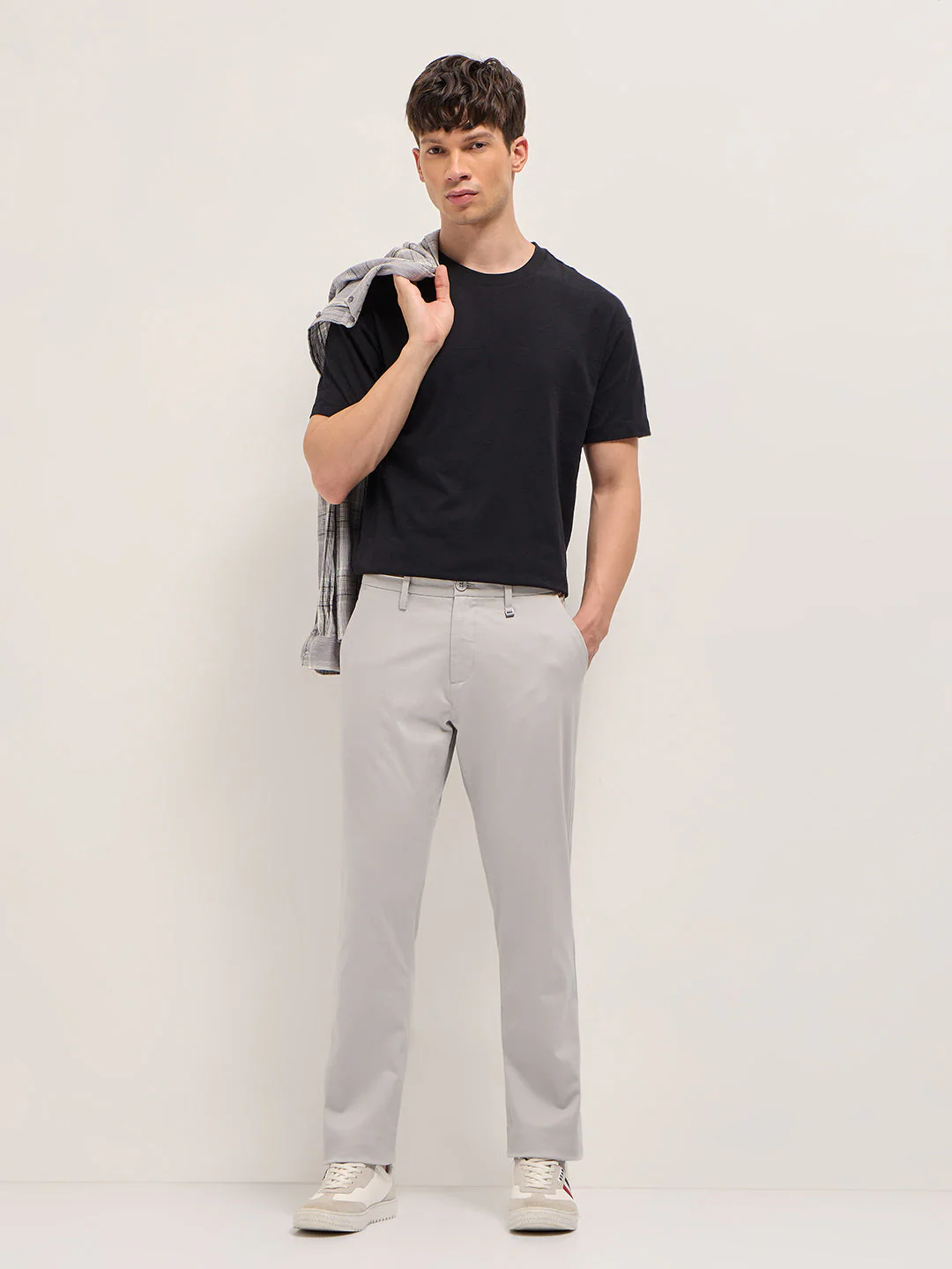 Grey Straight Fit Casual Trousers with Contrast Striped Waistband - Image 3