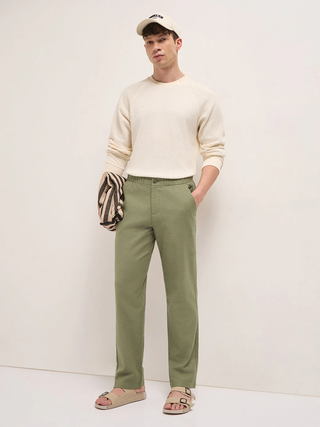 Green Textured Straight Fit Casual Trousers with an Elasticated Waistband - Image 4