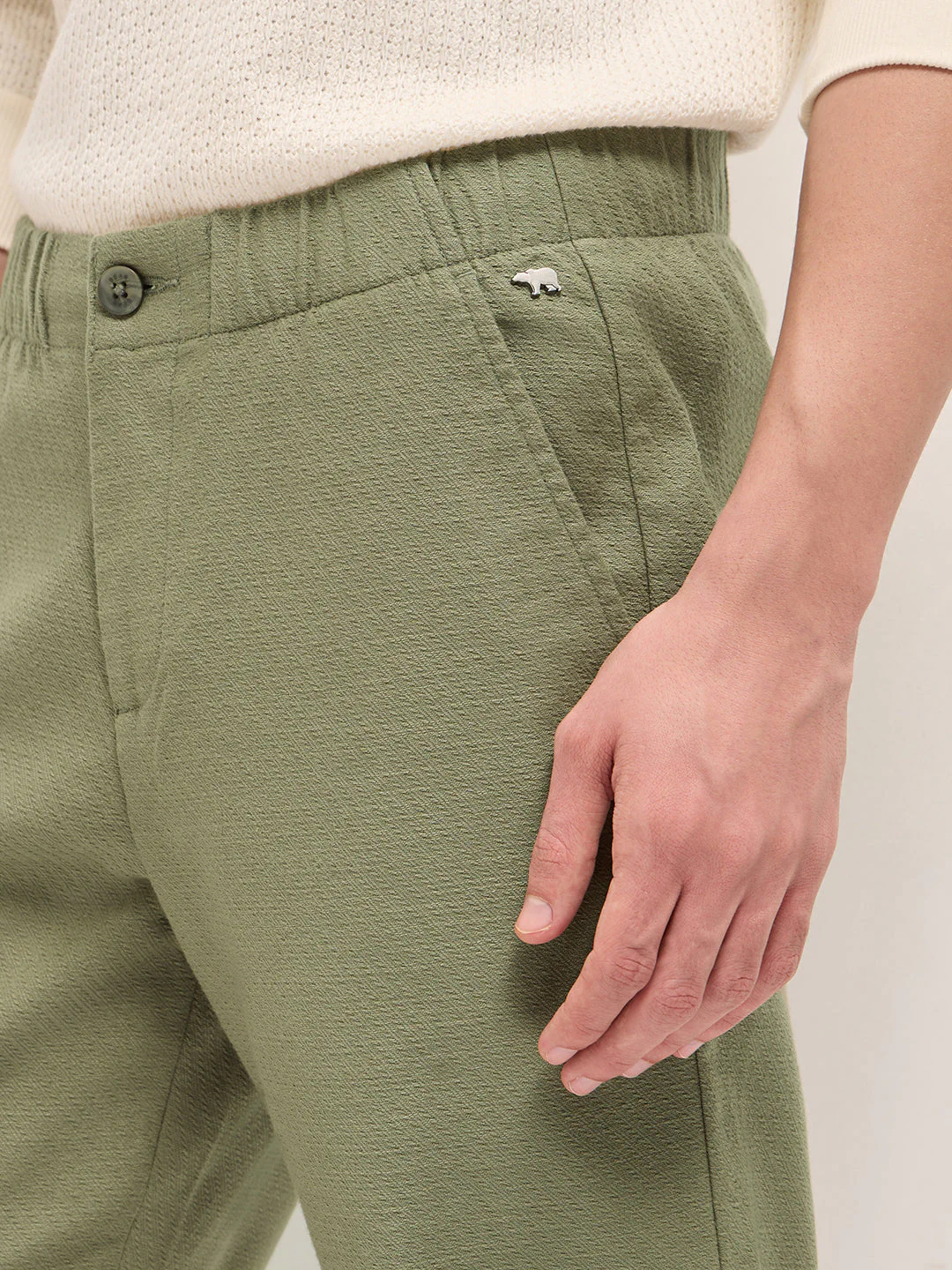 Green Textured Straight Fit Casual Trousers with an Elasticated Waistband - Image 5